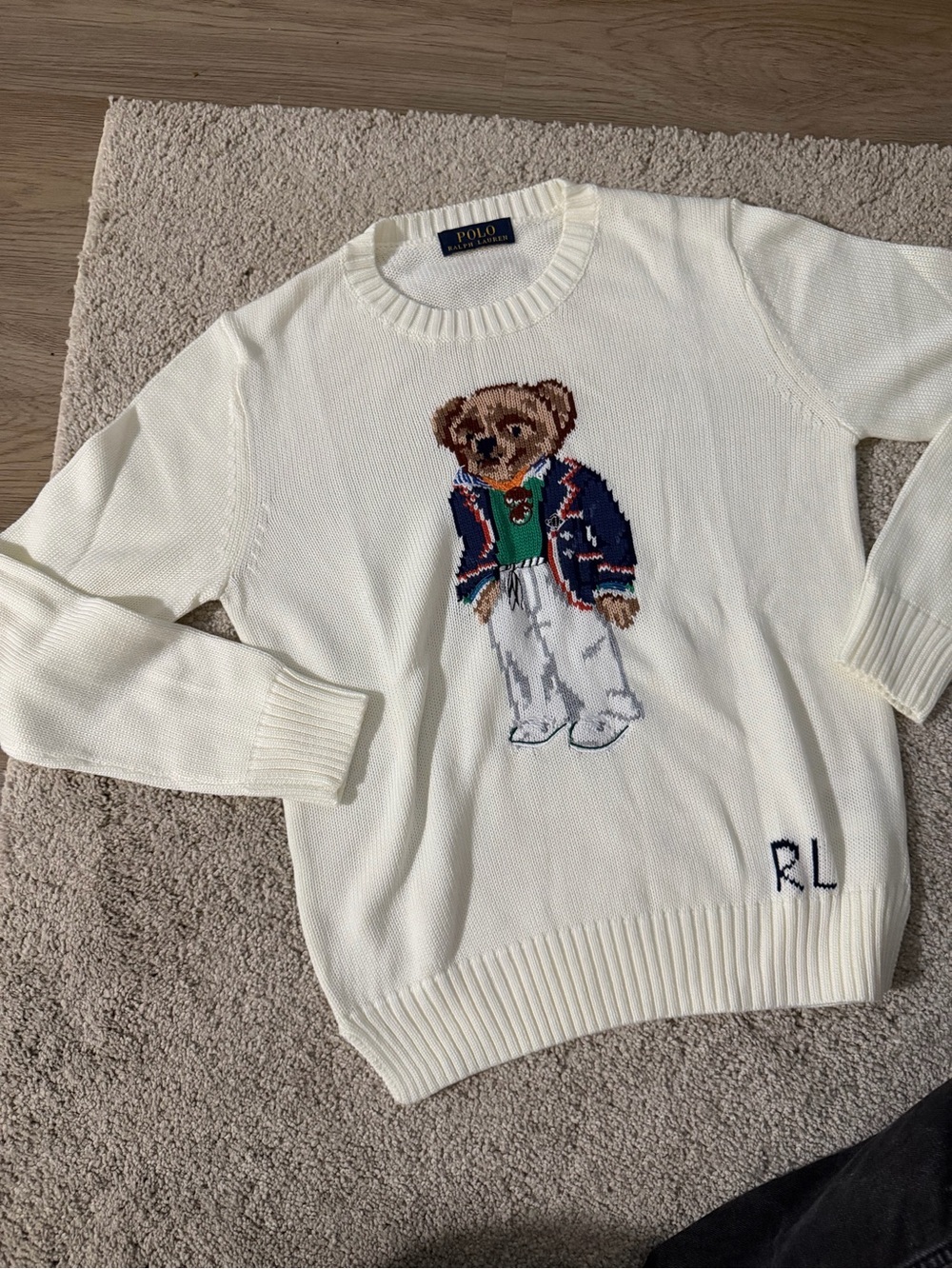 Polo by Ralph Lauren Cream Bear Intarsia Crewneck Sweater
